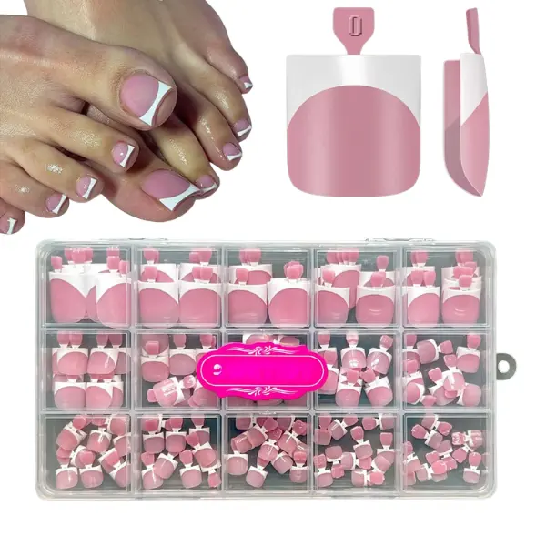 Berry Pink Square French Tip Press On Toe Nails Set, 150PCS Multi-Pack Lightweight Glossy Soft Gel Full Cover False Toenail Extensions, 15 Sizes for DIY Pedicure, Berry Pink Square French Tip Toe Nail Tips