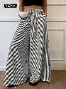 Women's Vertical Striped Woven Summer Casual Fit Elastic Waist Wide Leg Striped Pants