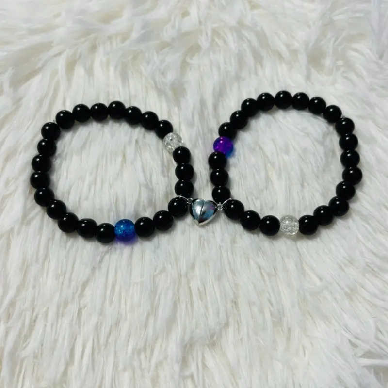 BEST FRIEND Magnetic Heart Matching Bracelet with Black Beads and Unique Decorative Elements
