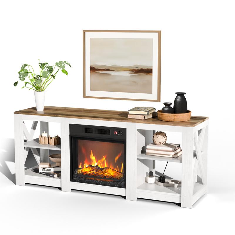 Fireplace Media Console Table for Living Room, Fireplace TV Stand for up to 70'' TVs, Modern Entertainment Center with 18'' Electric Fireplace Heater