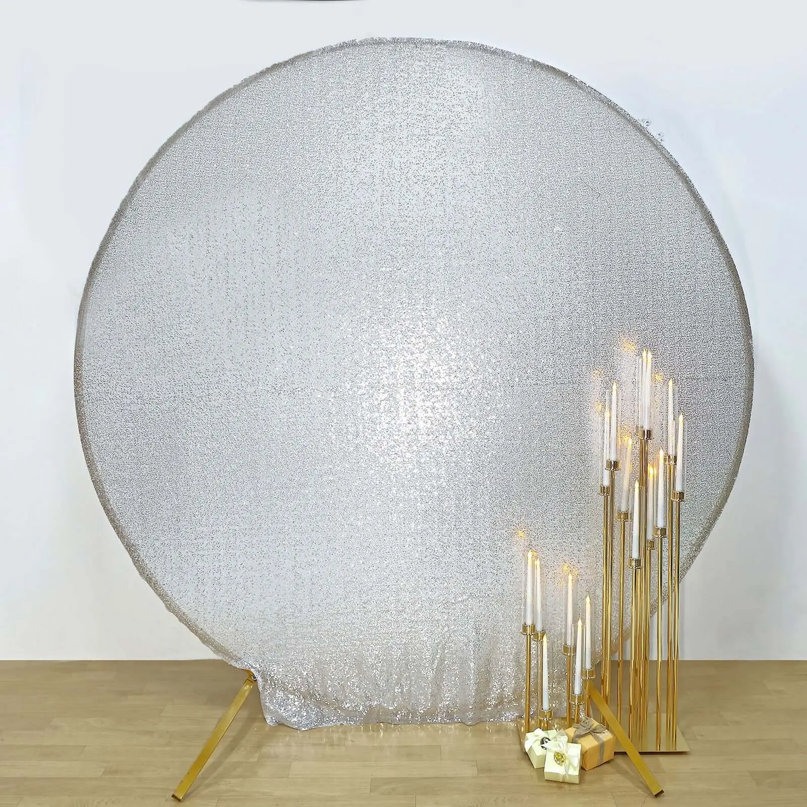 Metallic Silver Sparkle Sequin Photo Backdrop Stand Cover, Shiny Shimmer Round Wedding Arch Cover, 2-Sided Custom Fit 7.5ft