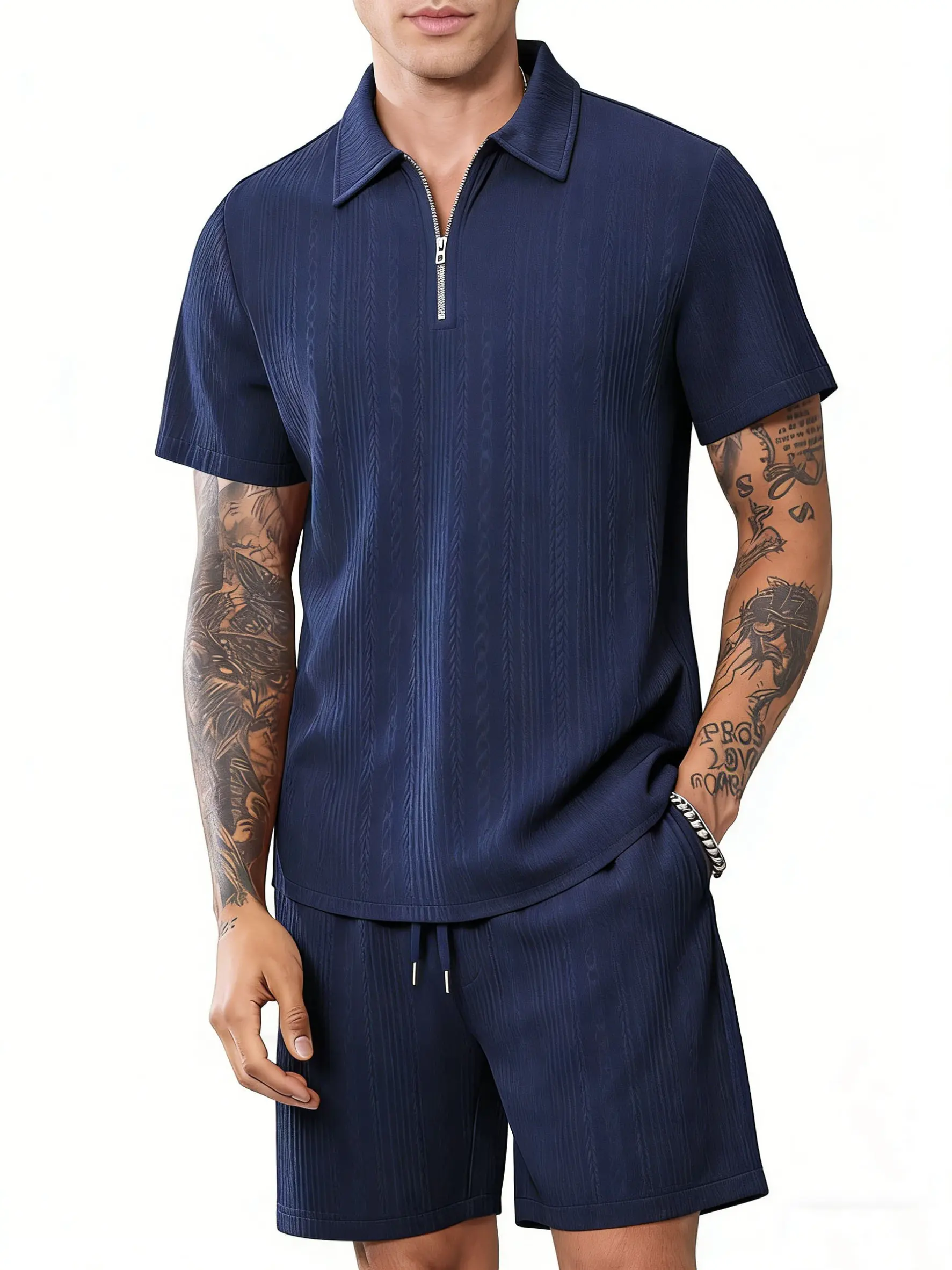 YUYANGDPB Men's 2 Piece Sets - Sporty Chic Short Sleeve Quarter Zip Polo Shirt & Matching Knitted Shorts, Polyester Textured Wrinkle-Resistant Casual Athletic Summer Menswear
