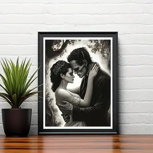 [2D Flat] 1pc Frankenstein and Bride Embrace Canvas Art Print, Unframed 2D Wall Decor for Home, Bedroom, Kitchen, Living Room, Bathroom, Hotel, Cafe, Office - Romantic Gothic Fantasy Art Poster, Vintage Home Deco