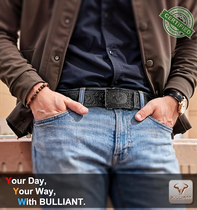 BULLIANT Cowboy Belt for Men, Ratchet Western Belt with Adjustable Western Buckle for Jeans and Casual Wear, Trim to Fit, Gift for Men BULLIANT Cowboy Belt for Men, Ratchet Western Belt with Adjustable Western Buckle for Jeans and Casual Wear, Trim to Fit, Gift for Men