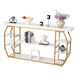 VEVOR Marble Console Table, 3 Tiers Modern Console Table for Open Storage, Golden Geometric Table with Iron Tubes, Anti-Tip Device and Triangular Support for Living Room, Hallway, Entryway, Foyer