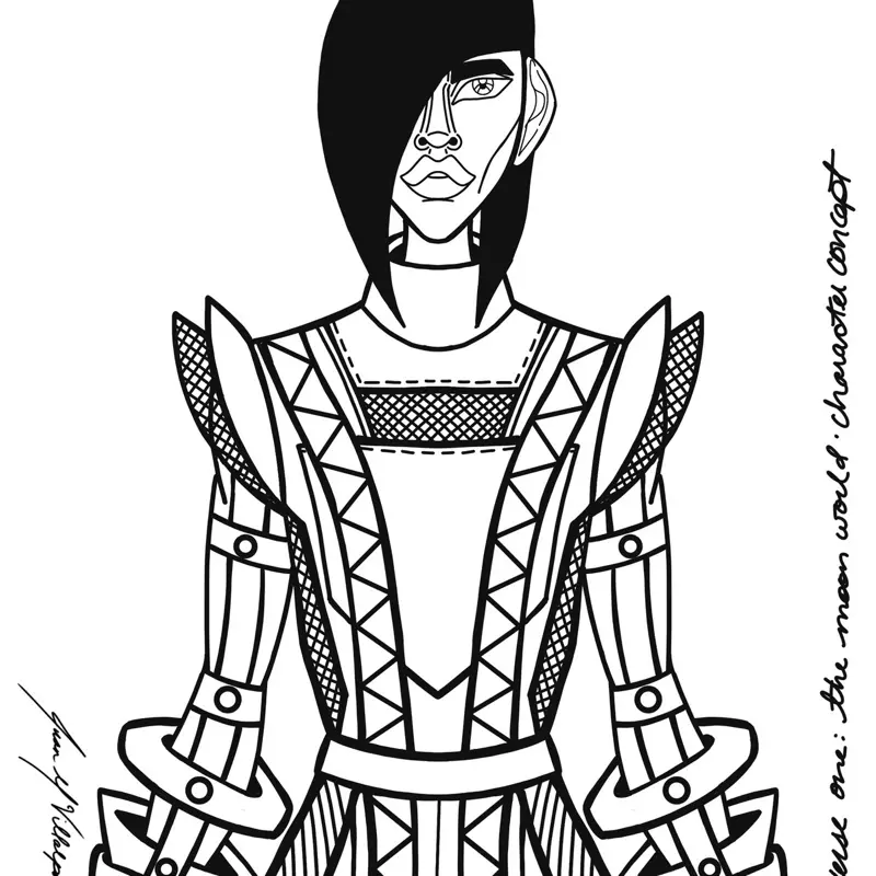 ZIGGY: Concept Character 11x17 Cardstock Print Futuristic Androgynous Figure Cyber-Tribal Ensemble Geometric Face Structure High-Detail Art for Creatives