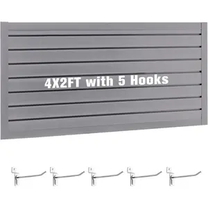 Garage Wall Organizer Storage Systems, Wall Mounted PVC Slatwall Panel Rack with 5 Hooks, Interlocking Workshop Slat Wall Paneling Sheets Shelves for Tools Organization, Grey (2’H x 4’W)