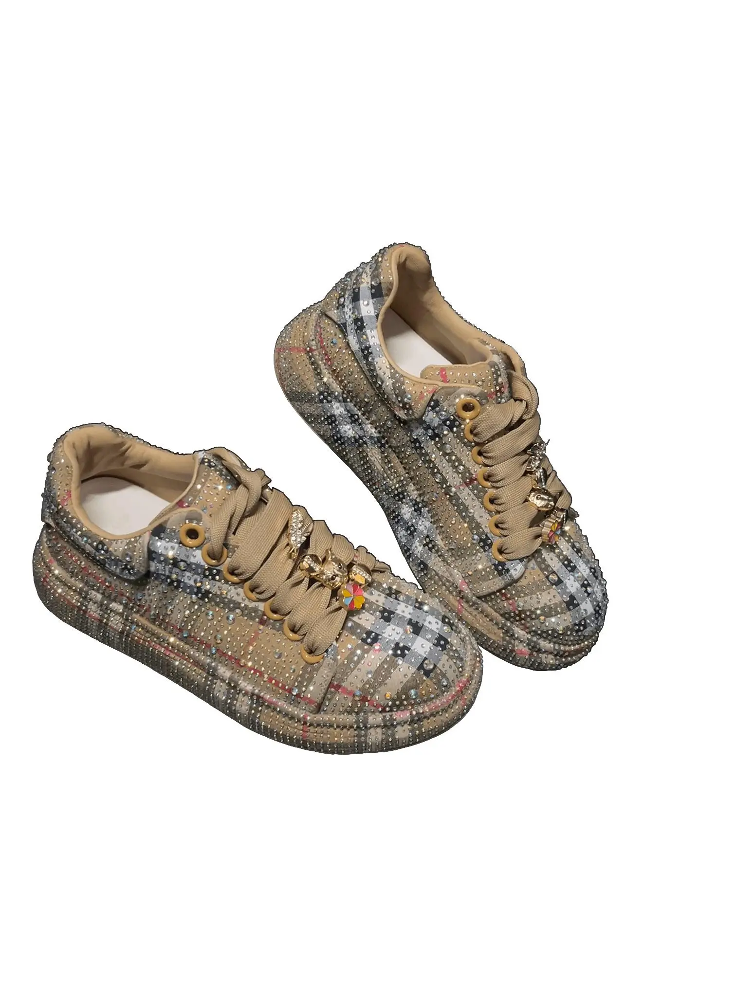 【Deals for You Days】Women's Rhinestone Plaid Casual Lace-Up Sneakers, Sparkly Fashion All Seasons Sneakers, Comfortable Trendy Walking Shoes