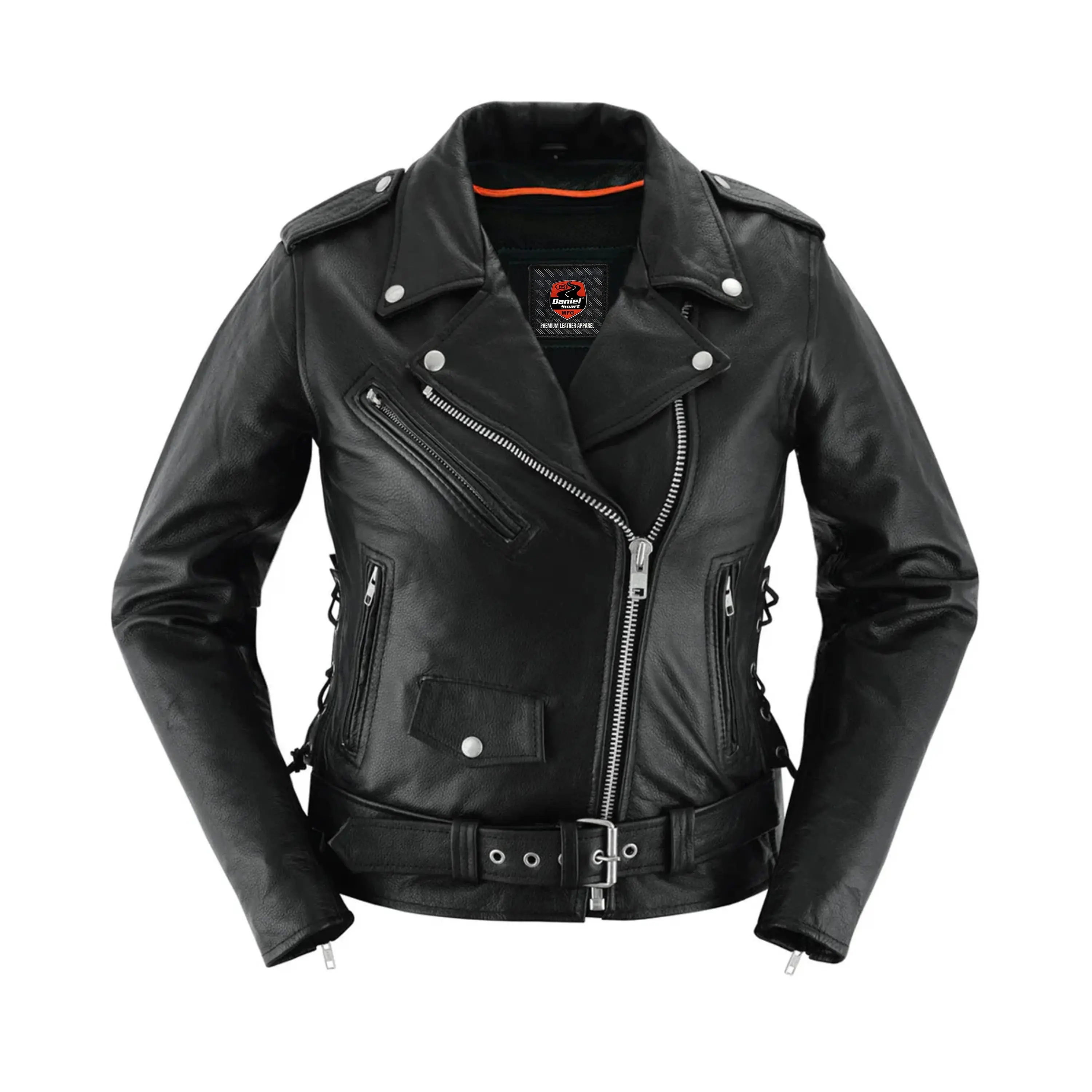 DANIEL SMART Rogue Empress Women's Soft Cowhide Leather Motorcycle Jacket, Belted with Adjustable Laces & Conceal Carry Pockets
