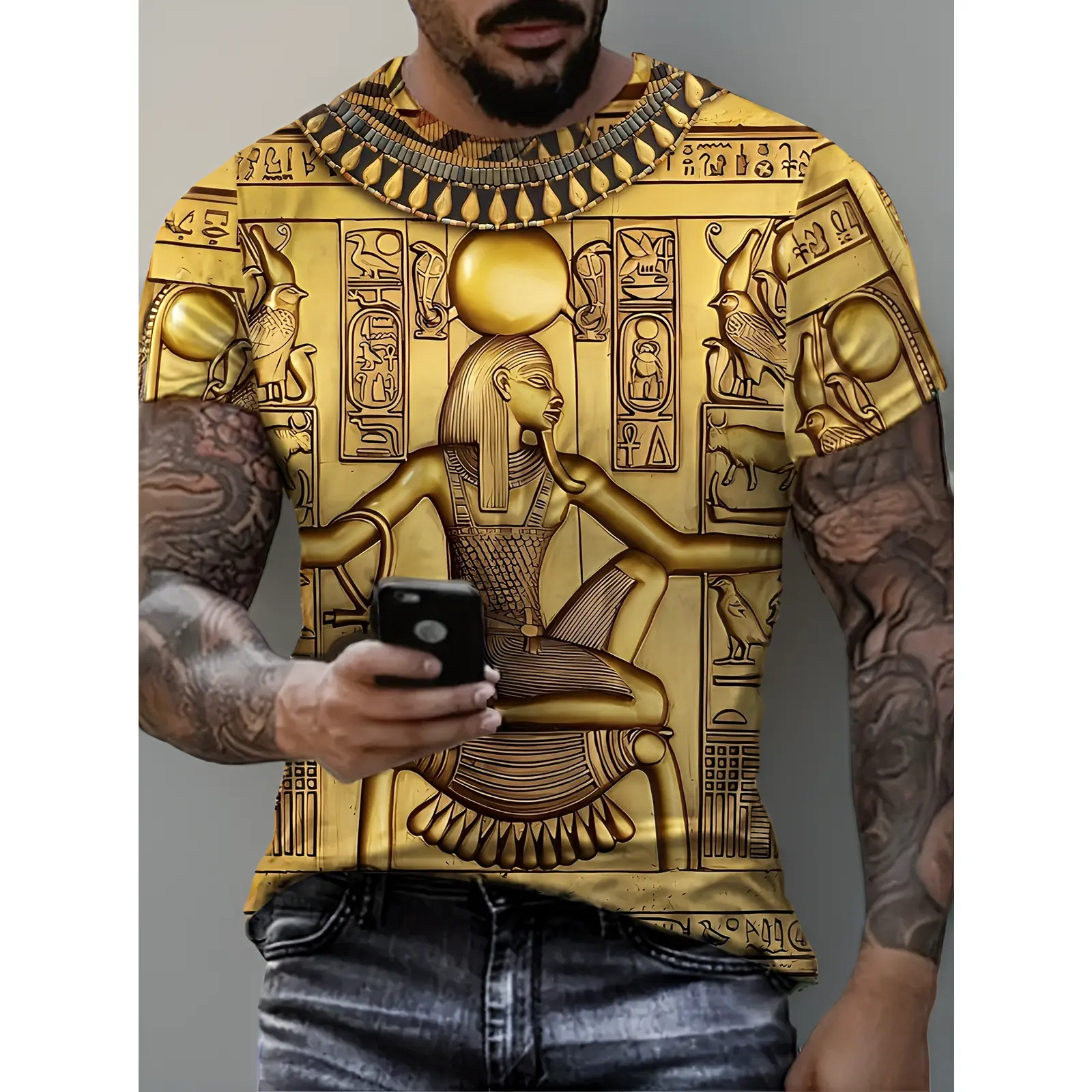 Men's Egyptian Hieroglyphic Print T-Shirt - Large Size Ancient Egypt Design with Pharaohs & Anubis - Casual Short Sleeve Round Neck Tee for History Buffs & Themed Events - Machine Washable & Black Cultural Apparel, PLUS SIZE