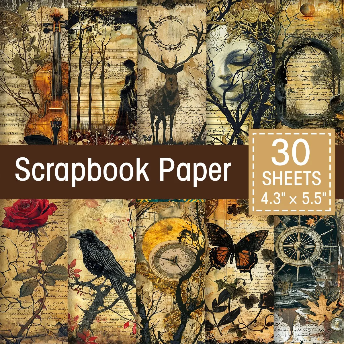 30 Sheets Vintage Gothic Scrapbook Paper, Decorative Paper, Witchy Aged Leather Background, Scrapbooking Supplies, Scrapbook Materials, Perfect for Collage Art, Card Making, DIY Crafts