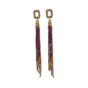 Golden Chain-Link Magenta Beaded Tassel Earrings