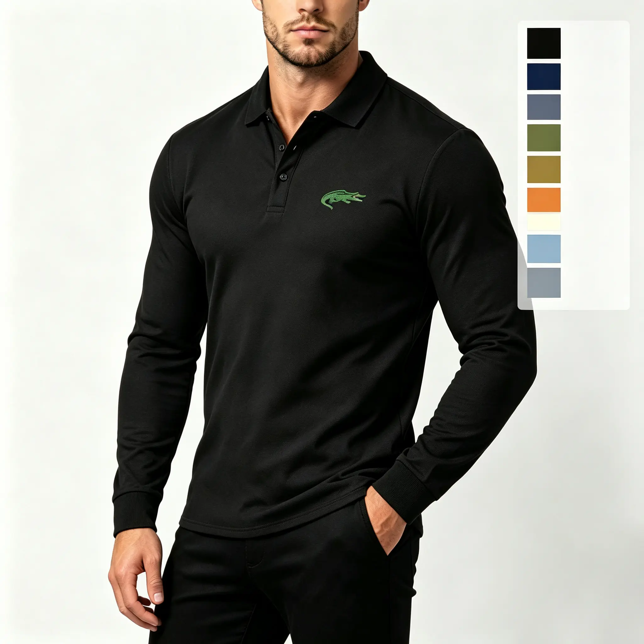 Men’s long-sleeve polo shirt for spring and autumn, green crocodile print, casual turn-down collar top suitable for home leisure and everyday commuting.