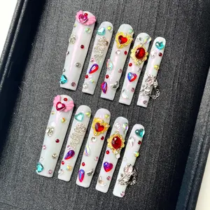 10Pcs Nail Art Design DIY Nails Handmade Press on Nails Glossy Fake Nails Long Square White Nude Japanese Style, Modern, Elegant, Y2K, Minimalist, Korea Style, Fresh Design, French Style, Cute, Kawaii, Glossy Finish, Obreme Manicure Set, Nail Charms