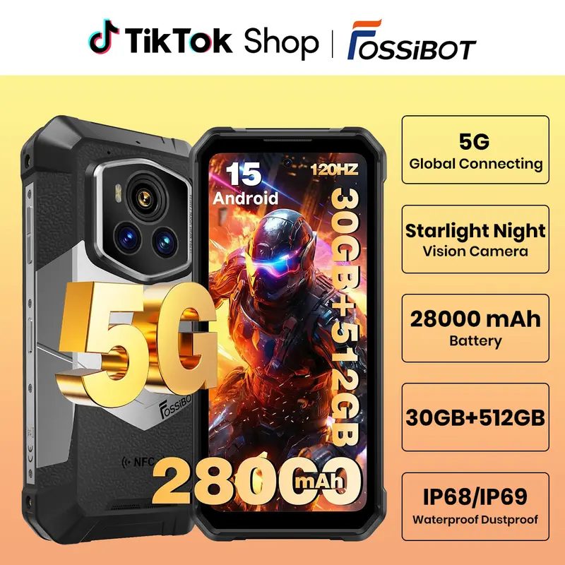 FOSSIBOT F107 Pro 5G Unlocked Rugged Cellphone, 6.95in 120Hz Smooth Scroll Screen, 200MP 4K UHD Camera, 30GB+512GB Mobile Phone, 28000mAh Battery, Android 15, Waterproof, 2MP Night Vision, 2026 Silver-White (Back to School)