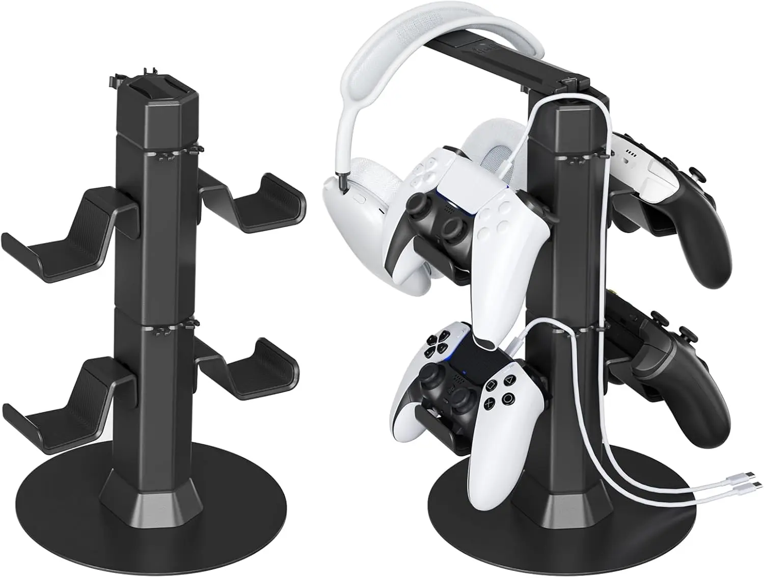 Gaming Controller & Headset Holder Stand for Desk, with Charger Cable Organizer Headphone Stand for PS5/ Xbox/ PS4/ Switch, Metal Base Controller Hook for Storage with 360° Rotatable Hanger- 2 Tiers