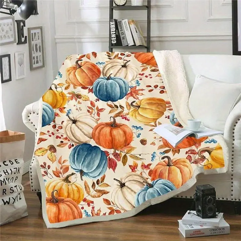 Fall-Themed Floral Fleece Blanket Throw - Cozy, Soft, Warm with Autumn Orange, White, Blue Pumpkins, Leaves, Berries for Living Room Couch, Bed, Floral Blanket