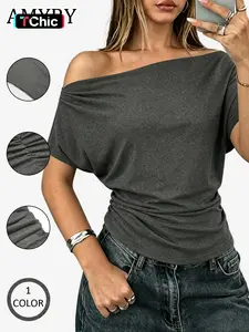 2026 Spring Summer Women's T-Shirt, Sexy One-Shoulder Batwing Sleeve Top, Casual Loose-Fit Plain Design, Cross-Border Fashion, Women's T-shirts, wendy and pacsun, divorced mom core trend, pattie gonia merch, betty boop, usa love island, edikted