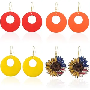 4 Pairs Round Wooden Statement Dangle Earrings for Women Girl Hollow Out Ethnic Wood Drop Earrings Stainless Steel Stud