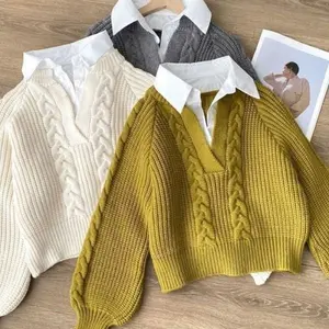 Women's Autumn & Winter Color-Block Sweater Shirt - Outer Wear Design, Niche Lapel, Loose Cable-Knit Top, Knit Fake Two-Piece