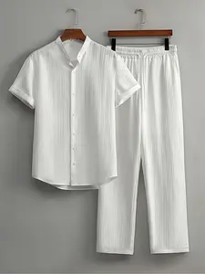 Men's Home Two-Piece Set, Short Sleeve Embroidered Shirt with Pockets + Drawstring Pants, Comfortable for Spring Summer