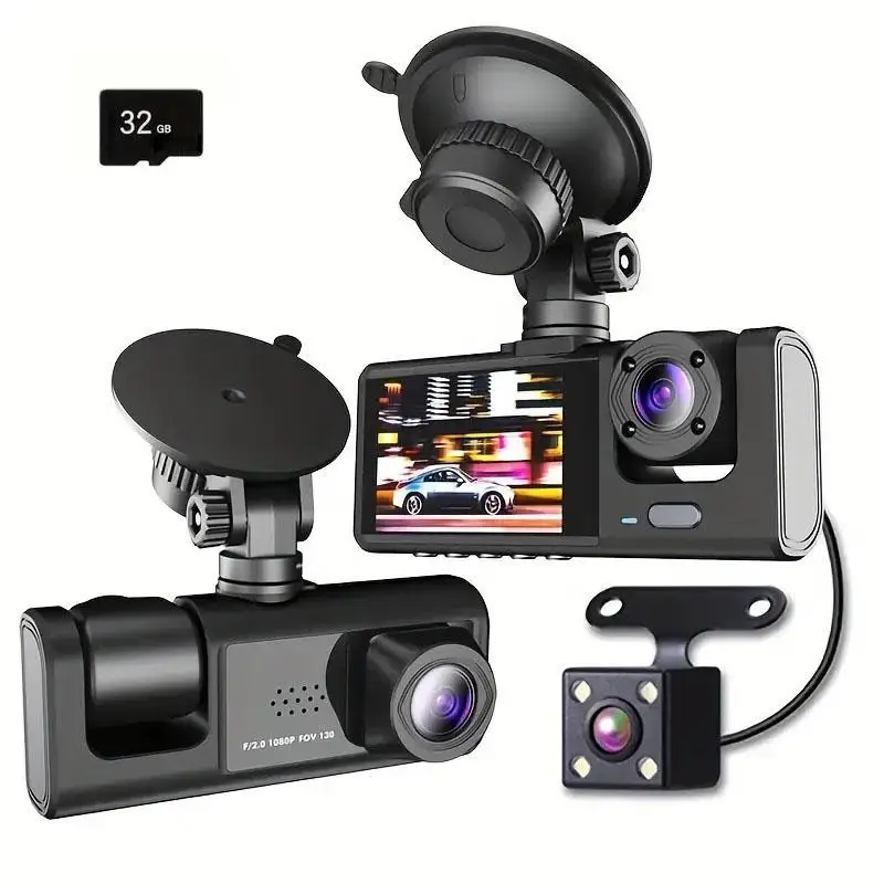 4K Full HD Car Camera Front Rear, Car DVR with 32GB SD Card, 3 Lens Car Recorder with Wireless WLAN Connection, Reverse Mode, Loop Recording
