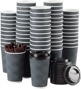 Disposable Coffee Cups with  and Straws - 16 oz (90 Set) Togo Hot Paper Coffee Cup with Lid To Go for Beverages Espresso  Insulated  Cold Drinks Ripple Cups Protect Fingers From Heat