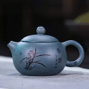 Authentic Yixing Purple Clay Teapot Raw Ore Green Mud Xishi Style 200ml Engraved Orchid Design With Certificate Collection Grade Kung Fu Tea Pot