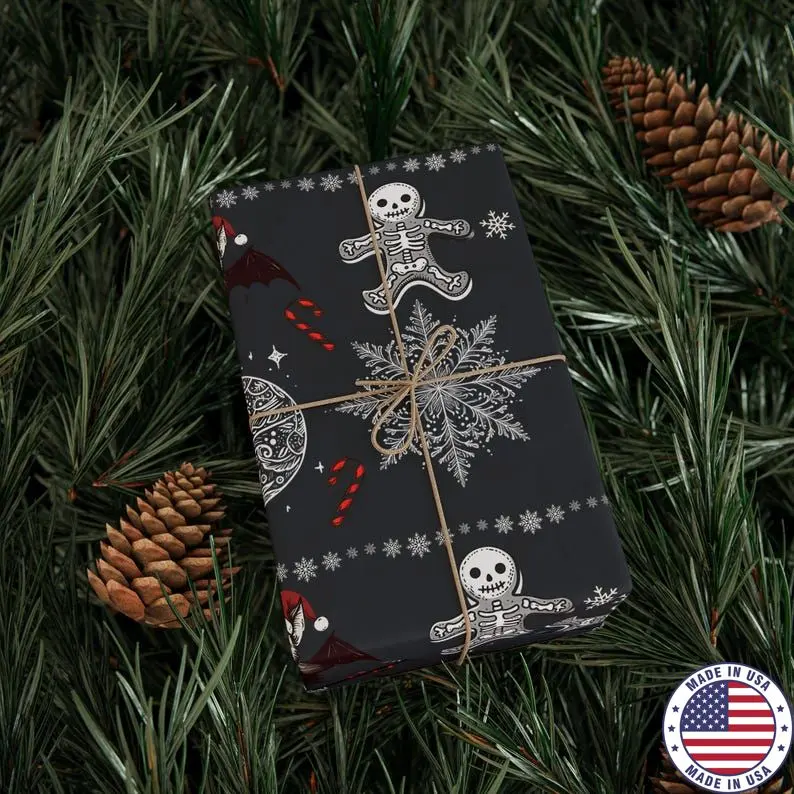 Bats Skeleton Gingerbread Men Snowflakes Wrapping Paper Spooky Gothic Gift Wrap Christmas