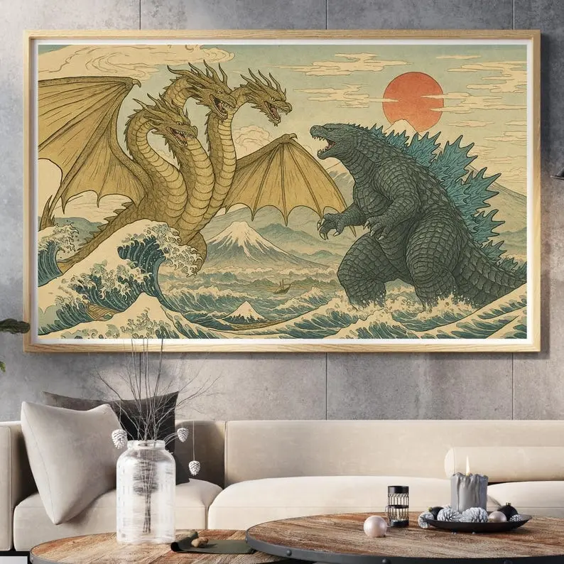 [Sale Up To 50%][No frame, Free Ship] Vintage Godzilla vs King Ghidorah Poster - Retro Kaiju Wall Art - Japanese Monster Movie Print - Godzilla Movie Decor, Sci-Fi Film Poster