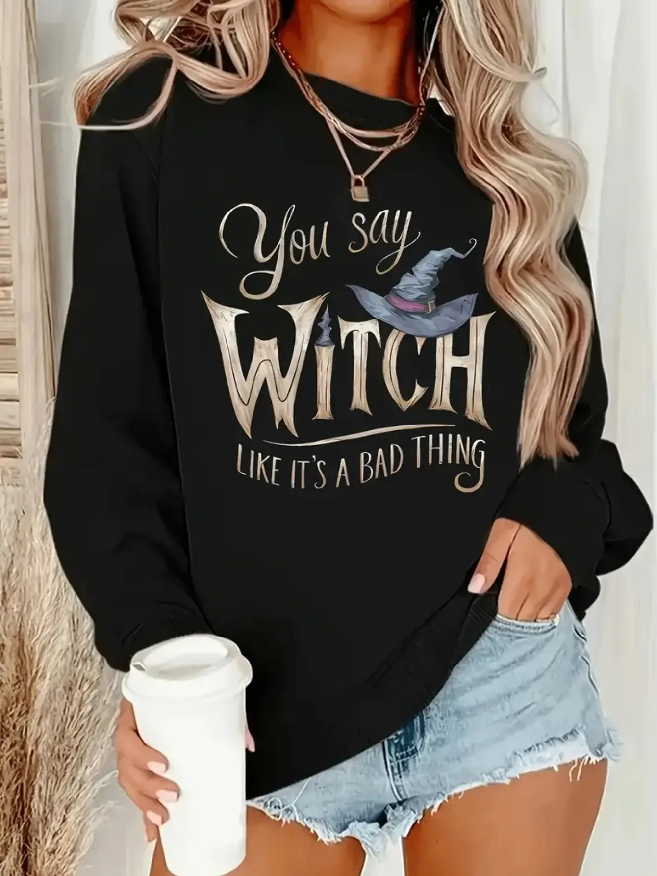 1pc Women'S Witch Graphic Casual Crew Neck Sweater, Long Sleeve Pullover for Fall/Winter, Black Sweatshirt, for Halloween
