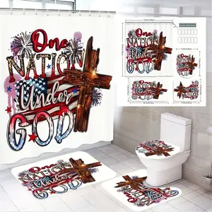 1/4pcs 'One Nation Under God' Shower Curtain Set - American Flag & Wooden Cross Design, Fireworks Stars Patriotic Christian Bathroom Decor, Includes 2 Bath Mats Toilet Lid Cover - Perfect for US National Day, 4th of July, Religious Themed Bathrooms