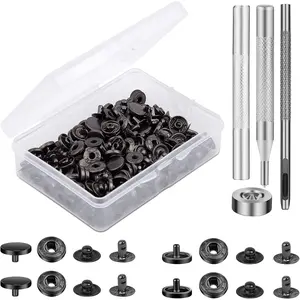 50 Sets Leather Snap Fasteners Kit 10mm Black Metal Snap Buttons kit Stainless Steel with 4 count Snap Fastener Installation Tools for Sewing Clothing, Bracelets, Jackets, Bags Belt, DIY Crafts