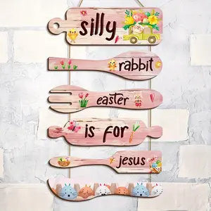 Easter Hanging Wooden Sign with Silly Bunny, Modern Artistic Decor, Vibrant Wall Decoration for Easter Kitchen, Party and Family Gatherings