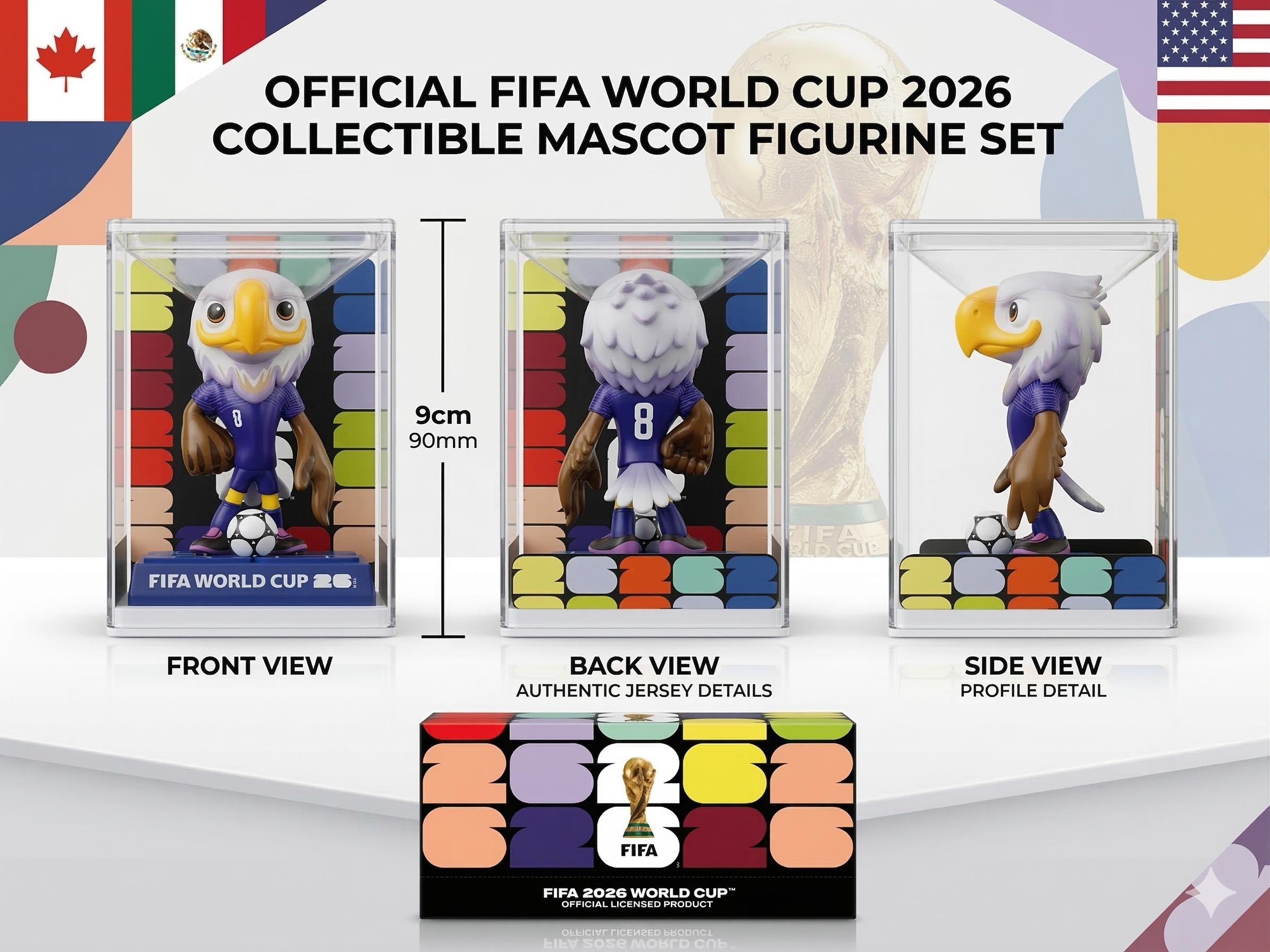 FIFA 2026 World Cup Mascot Figurine Set - Limited Edition Collectible Figurines Featuring Eagle Clutch, Moose Maple, and Jaguar Zavu - High-Clarity Display Case & Exclusive "26" Pitch Base FIFA 2026 World Cup Mascot Figurine Set - Limited Edition Collectible Figurines Featuring Eagle Clutch, Moose Maple, and Jaguar Zavu - High-Clarity Display Case & Exclusive "26" Pitch Base