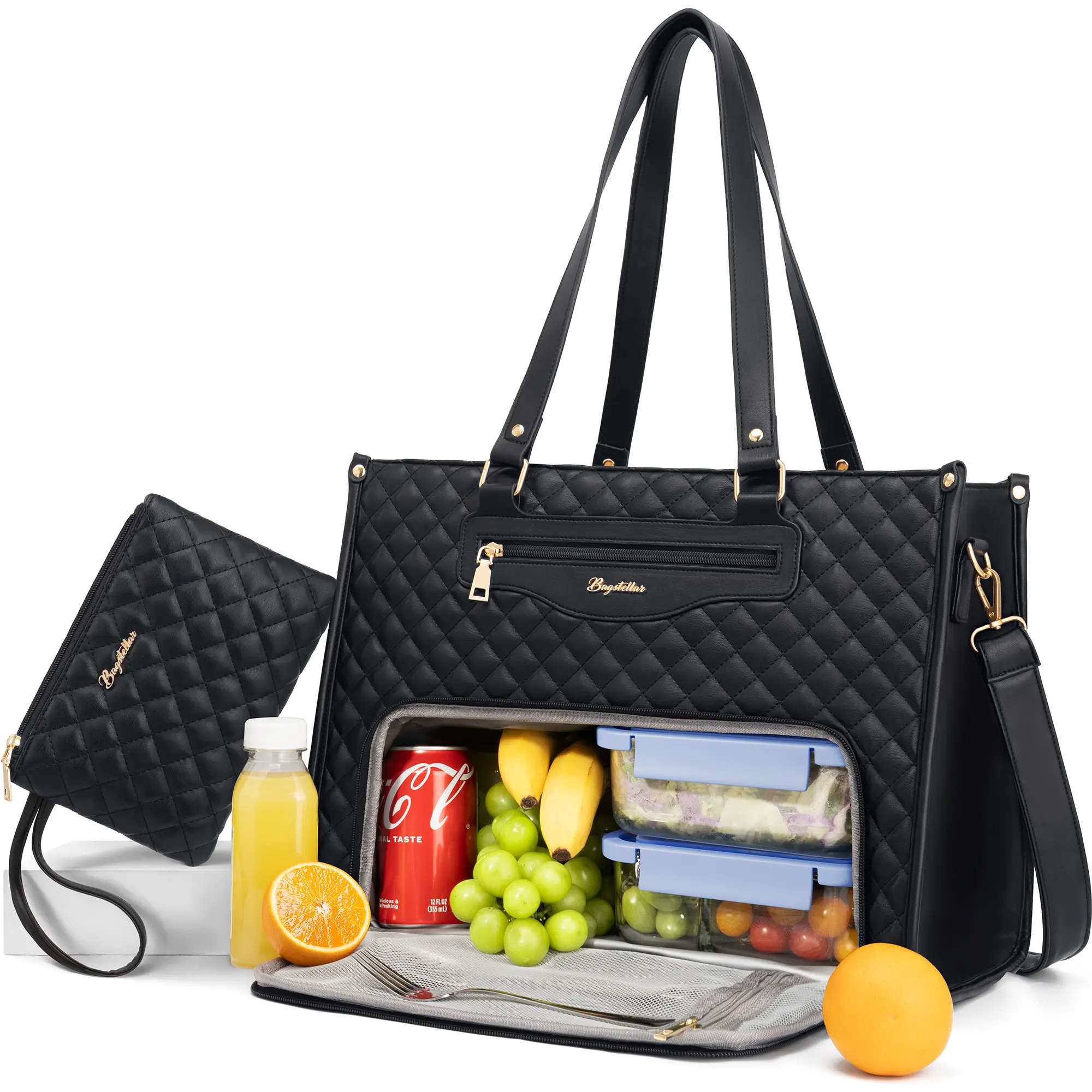 Bagstellar Women's Quilted PU Leather Tote Bag - 15.6in Everyday Laptop Office Work Bag with Compartmentalized Large Capacity, Insulated Lunch Compartment & Purse for Home Organization, Everyday Bag
