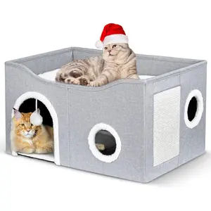 Heeyoo Cat House for Indoor Cats - Large Cat Bed Cave with Fluffy Ball and Scratch Pad, Foldable Cat Houses & Condos, Cat Cubes, Cat Hideaway, Covered Cat Bed for Multi Small Pet Large Kitty