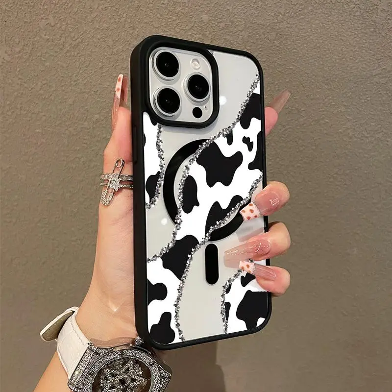 Magnetic TPU Smartphone Cover for iPhone 11/12/13/14/15/16/17 Pro Max - MagSafe-Ready, Ultra-Thin, Shockproof, Creative Cow Pattern Case with Resistance for Handheld Cellphone Devices (for Girls)