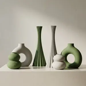 Modern Minimalist 3D Print Vase Set, Pleated Tall Vase, Donut Hollow Ring Vase, Bohemian Nordic Style Vases for Home Decor