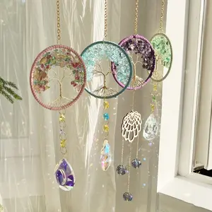 Life Tree Dream Catcher Wall Hanging Decor, Natural Stone & Copper Wire, Butterfly Crystal Pendant, Home Decoration Ornament, Living Room Decor Wall Ornaments, Decorative Hanging Ornaments