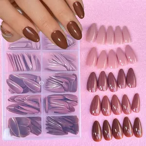 240Pcs Medium-Long Almond Shaped Fake Nails Set, Nail Tips, Full Coverage Solid Color Brown Nude Glossy Design Nail Combo, Fake Nails for Women, Suitable for Festivals, Parties, Daily Wear, Easy to Apply, Reusable, Removable Press-On