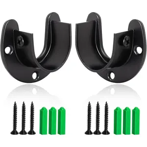 2pcs 1-1/2 Inch U Shaped Stainless Steel Closet Rod Bracket Pole Socket Holders for Closet Shelf Wardrobe Shower Curtain, Black with Screws