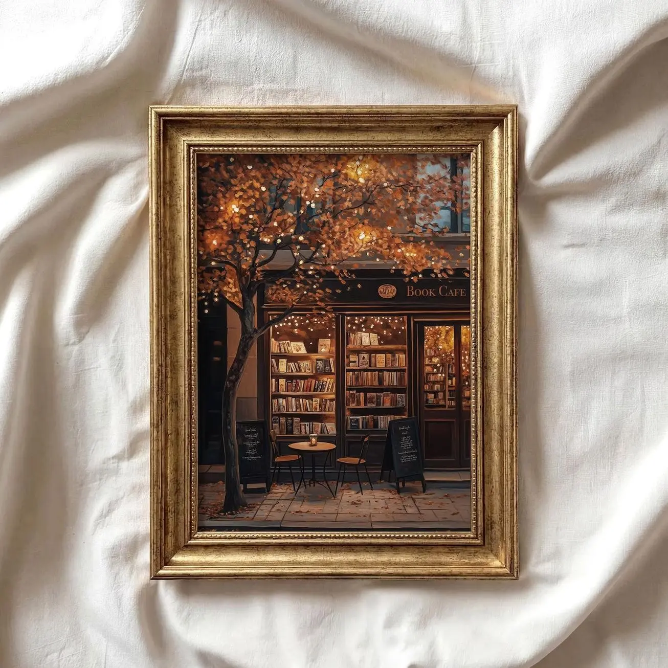 Autumn Coffee Shop Print, Moody Bookstore Wall Art, Cozy Cafe Fall Decor E