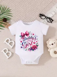 Baby Girls' "Daddy's Little Girl" Floral Bow Graphic Bodysuit, Newborn Short Sleeve Onesie, Cute Father & Daughter Bond Casual Outfit