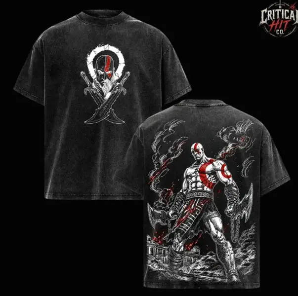 Men's Kratos God of War Vintage Washed Oversized Short-Sleeve Top, Ghost of Sparta Blades of Chaos Graphic Tee, Heavyweight Classic Cotton Fabric Stylish Mythology Gamer Streetwear, Retro PlayStation Action Game Unisex Merch Gift 3PH, Tops, Shortsleeve