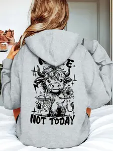 Fashion Girl Women's Casual Polyester Hoodie, Cartoon Cow Print, Hooded Sweatshirt, Nope Not Today Slogan, Fall & Winter Wear