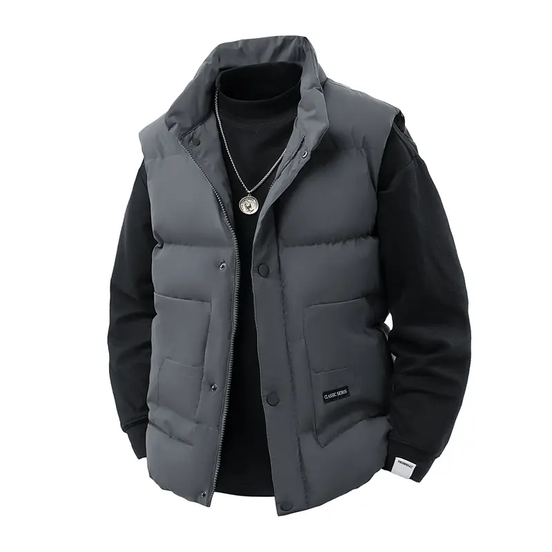 Men's Classic Windproof Cotton Vest - Smooth, Fluffy, Stand-Collar, Sleeveless, Loose Fit, Topstitching, Snap-Button & Double Front Zipper Closure, Solid Color Minimalist Casual Menswear for Autumn/Winter Layering