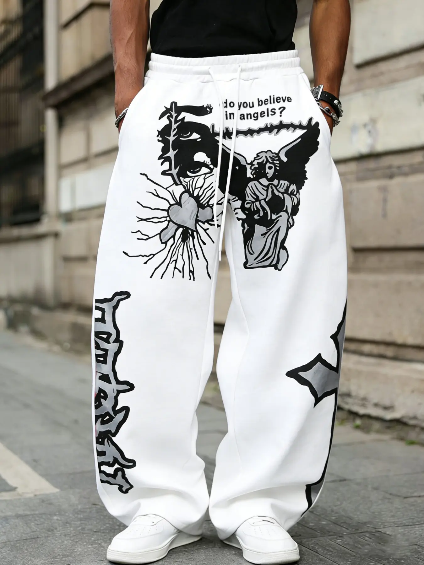 Unisex 'do You Believe in Angels?' Gothic Print Wide Leg Pants, Angel Statue, Broken Heart, Graffiti Font, Soft Fleece Fabric