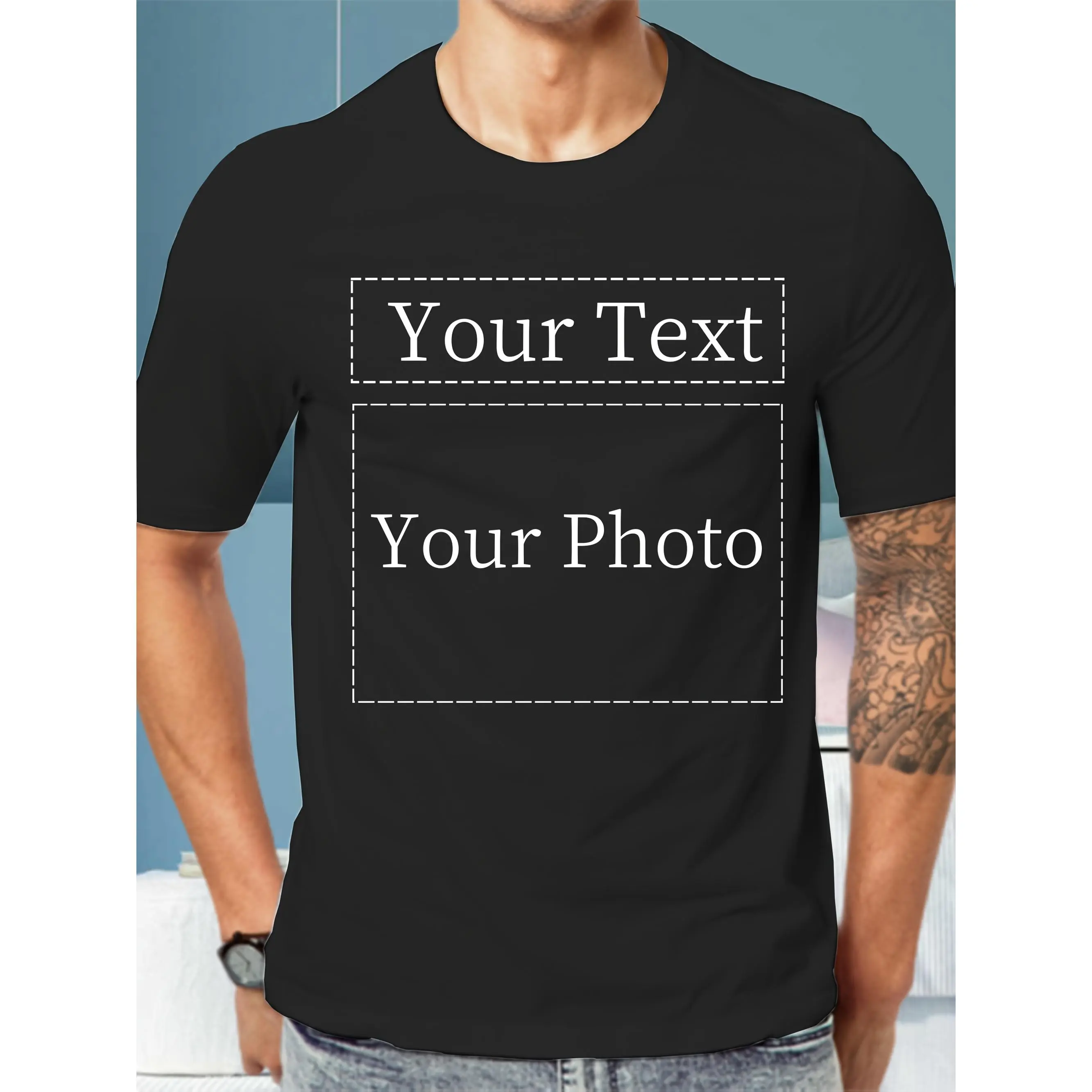 Customizable Men's Short Sleeve T-Shirt - Personalized Photo Print, Casual Round Neck, Relaxed Streetwear Fit, Machine Washable, All-Season Athleisure Clothes, Ideal for Gift/Team Building Events, Shortsleeve