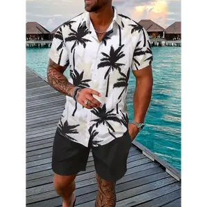 sweatsuit set Summer Vibes 2-Piece Set - Coconut Trees Print Short Sleeve Button Up Shirt & Shorts - Casual Outfit for Men, Perfect for Outdoor Activities, Beach, Picnic, and Vacation